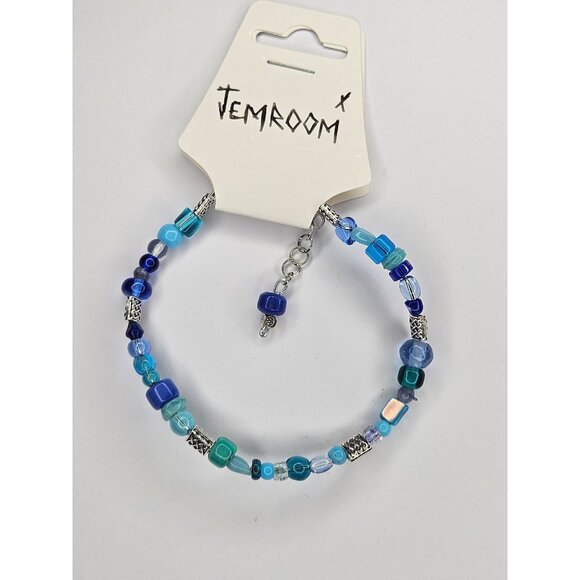 Blue Assorted Glass Beaded Silver Wire Charm Bracelet Arm Cuff - Picture 10 of 10